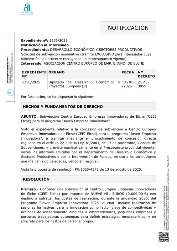 Subvención nominativa CEEI Elche-Diputación Alicante 2025